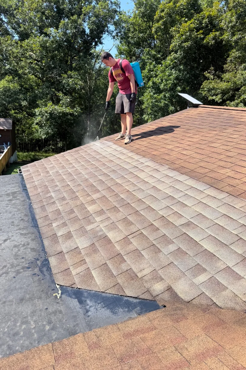 Roof rejuvenation treatment in progress on a home in Lucasville, Ohio — treated shingles next to untreated