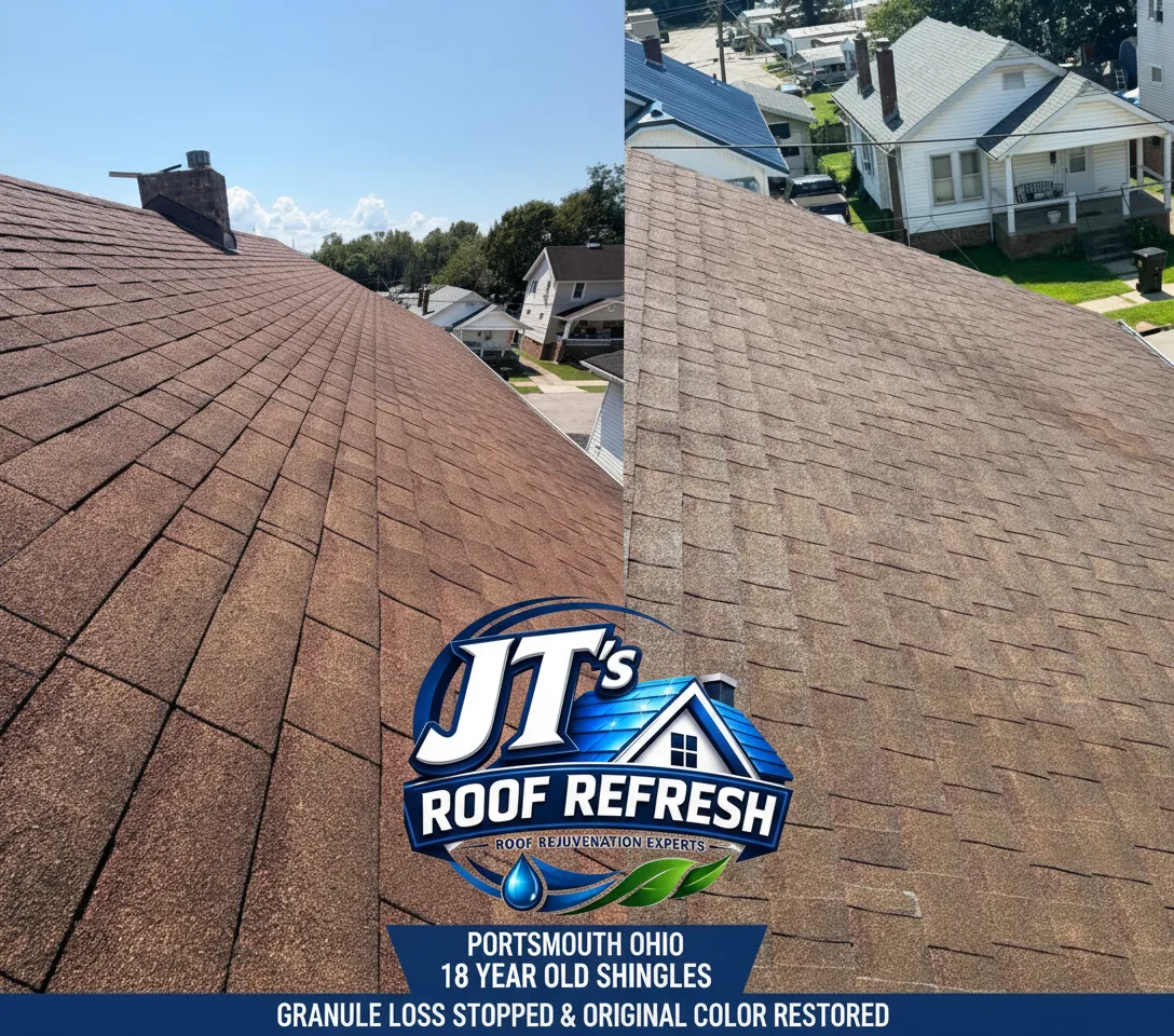 Before and after roof rejuvenation on 18-year-old shingles in Portsmouth, Ohio — granule loss stopped and original color restored